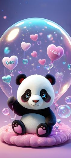 a panda bear sitting in front of a bubble filled with hearts