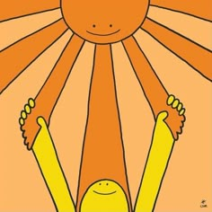 an orange and yellow cartoon character with the sun in the sky above it, holding his hands up