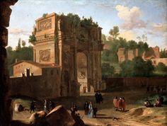 an old painting with people walking around and onlookers looking at the ruins