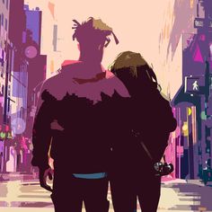 two people are walking down the street with their backs to each other and one is holding his arm around another person's shoulder