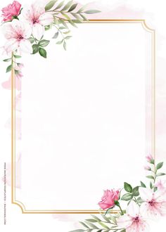 pink flowers and greenery frame on a white background with gold trim around the edges