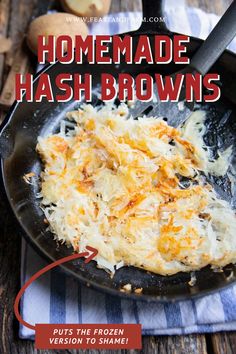 homemade hashbrowns in a skillet on a wooden table