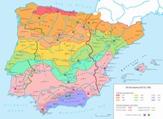 a map of spain with all the major cities and their respective roads in bright colors