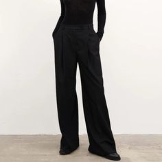 F00189298-204 Black Relaxed Fit Dress Pants For Fall, Black Stretch Wide Leg Work Pants, Black Wide Leg Pants With Loose Fit For Winter, Baggy Black Work Pants, Black Work Pants For Fall, Black Straight Work Pants For Fall, Black High-waisted Dress Pants For Winter, Summer French Style, Business Casual Jacket