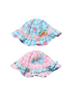 This hat is a versatile addition to your wardrobe. One side features a pink base with a cute Kitty pattern and blue ruffle trim, while the other side showcases a blue base with floral and tree decorations. With the option to switch up your look, this hat offers great value for the price.  The price is for a hat.   	 		 			Size 			Free Size 		 		 			Head Circumference 			65 Cute Blue Sun Hat For Summer, Cute Blue Summer Sun Hat, Fun Sun Hat For Spring Playtime, Fun Spring Sun Hat For Playtime, Fun Sun Hat For Playtime In Spring, Fun Spring Playtime Sun Hat, Cute Spring Sun Hat For Playtime, Cute Spring Playtime Sun Hat, Multicolor Summer Hats For Playtime