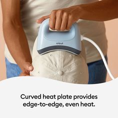 a person holding an iron in their hand and the caption reads curved heat plate provides edge - to - edge, even heat