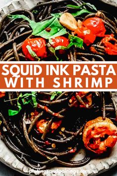 a plate filled with pasta and vegetables on top of a wooden table next to the words, squid ink pasta with shrimp