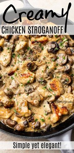 a skillet filled with chicken and mushrooms