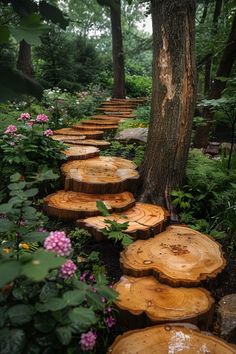 several trees that have been cut down and are in the middle of a forest with flowers around them