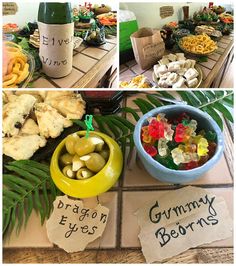 several different pictures of food and drinks on a table with paper signs that read dragon eyes, gummy bears, olives, crackers