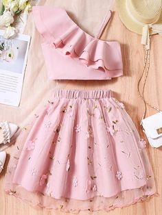 Rosa Dulce Collar sin mangas  Floral  Embellished No-Elástico Cute Outfits For Girls 9-10 Kids Clothes, Cute Outfits For Kids 9-10, Skirt And Tops, Girls Fashion Kids, Kid Dresses, Kids Clothes Girls, Dresses For Kids