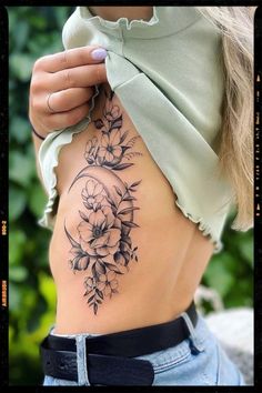 Rib Moon Tattoo Inspiration Crescent Moon Flower Tattoo, Hottest Tattoos For Women, Floral Sternum Tattoo, Front Thigh Tattoos, Lower Back Tattoo, Rib Tattoos For Women, Hip Thigh Tattoos, Hip Tattoos Women, Forearm Tattoo Women