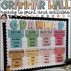 a poster with words and pictures on it that say, grammar wall ready to print and edit