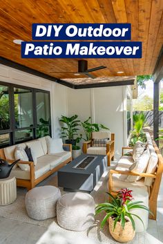 an outdoor patio makeover with furniture and plants on the floor, in front of a wooden ceiling