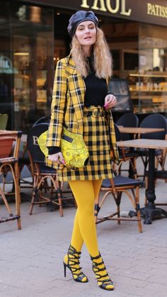 Yellow Tights Outfit, Colorful Tights Outfit, Yellow Tights, Legs Outfit, Eccentric Style, Lookbook Inspiration, Colored Tights, Opaque Tights