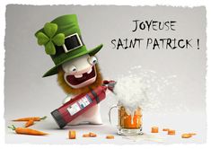 a cartoon character holding a beer bottle with carrots around it and the caption joyeuse saint patrick