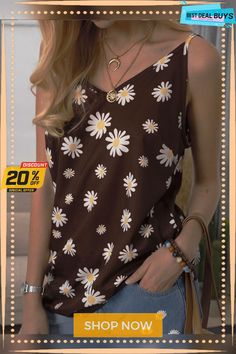 Vintage Sleeveless Daisies Printed Casual Vest Tops Brown Cami Top For Spring, Casual Brown Summer Camisole, Casual Brown Camisole For Summer, Brown Printed Summer Tops, Brown Summer Vest Top, Casual Sleeveless Printed Camisole, Casual Printed Sleeveless Camisole, Brown V-neck Camisole For Summer, Brown Vest Top For Summer