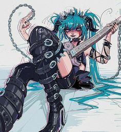 a woman with blue hair and black boots holding a guitar in one hand while sitting on the ground