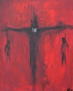 an abstract painting with red and black colors, depicting the crucifixion