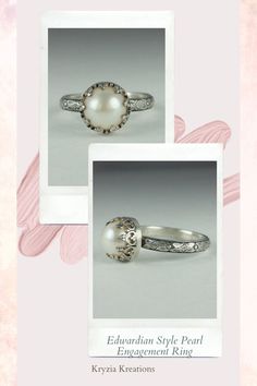 This vintage inspired pearl engagement ring is reminiscent of the Edwardian era when fine metalwork was designed with intricate details and delicate settings that were fashioned to look like fine lace. Hand-wrought from sterling silver, the band is engraved with a lightly oxidized floral design and set with a creamy white pearl in a heart-crown setting. Elegant White Filigree Ring With Intricate Design, Elegant Wedding Jewelry With Milgrain Detail, Elegant White Filigree Wedding Ring, Elegant White Engraved Rings, Elegant White Filigree Promise Ring, Elegant Pearl Ring With Rose Cut Diamonds For Anniversary, Elegant Silver Filigree Ring For Wedding, Elegant White Engraved Wedding Ring, White Gold Pearl Ring For Wedding