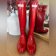 Original Tall Glossy Rain Boots. These Boots Have Only Been Worn A Handful Of Times. Small Scuff Mark On Back Of Right Boot. Hunter Shoes, Women Hunters, Hunter Boots, On Back, Rain Boots, Women Shoes, Boots, Red, Women Shopping