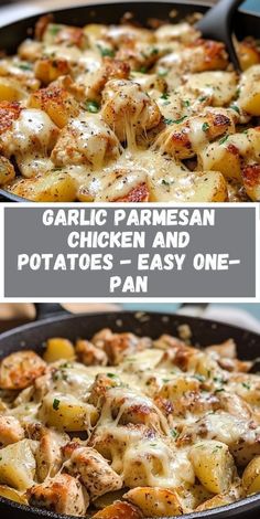 garlic parmesan chicken and potatoes in a cast iron skillet with text overlay