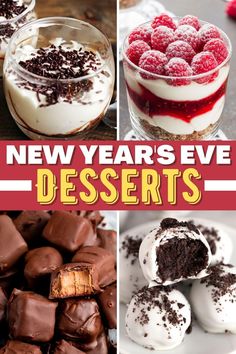 new year's eve desserts collage with chocolate, raspberries and cream