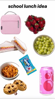 the lunch box is full of school lunch items and has grapes, strawberries, milk, crackers, cookies, watermelon