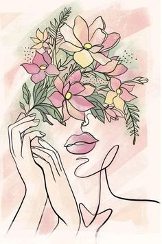 a drawing of a woman with flowers on her head and hands near her face to the side