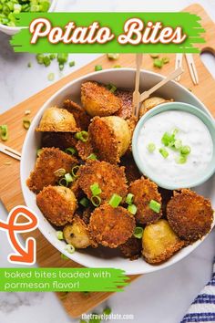 potato bites with parmesan ranch dip in a bowl