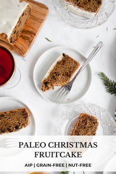 paleo christmas fruitcake with white frosting on top and two slices cut from the cake