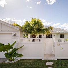 a white house with a palm tree in front of it and a gated yard