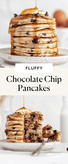 fluffy chocolate chip pancakes are stacked on top of each other