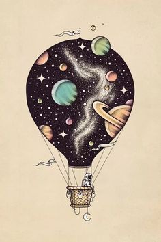 an illustration of a hot air balloon with planets and stars on it's side