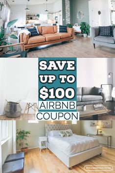 an advertisement for the airbnb coupon with two couches and a bed