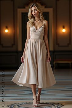 Olivia Mark - Elegant Chiffon Midi Dress - Soft Peach Wrap Front Project 2025, Chiffon Midi Dress, Every Step You Take, Cinched Waist, Olivia Mark, True Beauty, Chiffon Dress, Mid Calf, Elegant Dresses