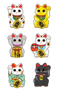 four different kinds of cat stickers on a white background, each with chinese characters