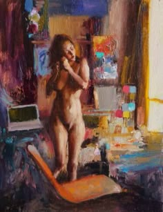 a painting of a naked woman standing in front of a laptop computer on a desk