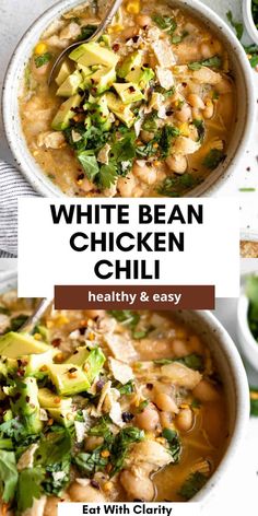 white bean chicken chili in a bowl with broccoli and avocado on the side