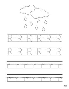 the letter r worksheet with raindrops and clouds on top of it