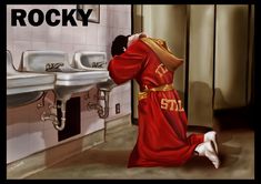 a painting of a man in a red robe sitting on the floor next to two sinks