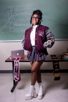 🎓✨ Capturing the essence of this milestone with school girl charm and college graduation grace with a varsity lettermen jacket. Celebrate HBCU greatness from classrooms to caps and gowns, these moments symbolize the journey of knowledge and growth ! #collegegraduation #graduationpictures Master Photoshoot, Hbcu Graduation Pictures, Lettermen Jacket, Hbcu Graduation, Letterman Jacket Outfit, Graduation Pictures Outfits, Caps And Gowns, Senior 25