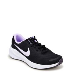 Stay stylish as you speed pass the competition in these womens Nike Revolution 7 black/white/daybreak/lilac bloom running shoes. Made of breathable mesh upper with a roomier forefoot, these athletic sneakers have a round toe, secure lace-up closure, Foam cushioned midsole for a smooth ride, and a rubber lug outsole for reliable traction. Puff on the outside of midsole add style and comfort your Achilles. This product is made with at least 20% recycled content by weight | Nike Women's Revolution 7 Road Running Shoe in Black/Daybreak Size 5. 5 Medium Black Running Shoes Women, Shoes Nike Running, Dress Sandals Flat, Fun Clothes, Native Shoes, Wide Width Shoes, Womens Nike, Trail Shoes, Shoes Heels Pumps