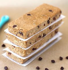 three bars stacked on top of each other with chocolate chips