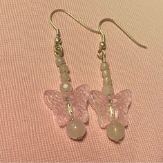 Handmade Pink Butterfly Glass Bead & Rose Quartz Earrings Butterflies Made Out Of Pretty Pink Glass, Small Faceted Rose Quartz And One Rose Quartz Bead. Silver Posts Diy Jewelry Earrings, One Rose, Rose Quartz Earrings, Pink Accessories, Rose Quartz Beads, Butterfly Jewelry, Bead Jewelry, Pink Butterfly, Quartz Earrings