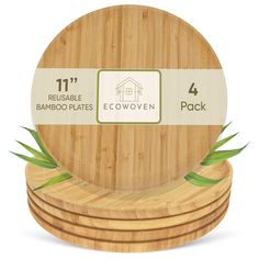 bamboo coasters stacked on top of each other in front of a white background with the words, reusable bamboo plates ecoven 4 pack