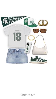 Michigan state gameday outfit, green and white outfit, msu outfit, msu gear, msu shirt, msu hat, go green Msu Outfit, Green And White Outfit, School Spirit Outfit, Tailgate Outfit, College Game Days, Game Day Outfit, Baseball Outfit, White Outfit