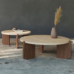 two wooden tables sitting next to each other on top of cement floored ground with a plant in the middle