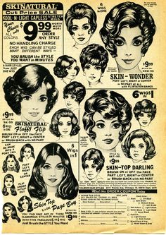 an old advertisement for wigs from the 1950's, featuring different types of hair