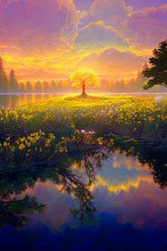 a painting of a tree in the middle of a field with water and yellow flowers